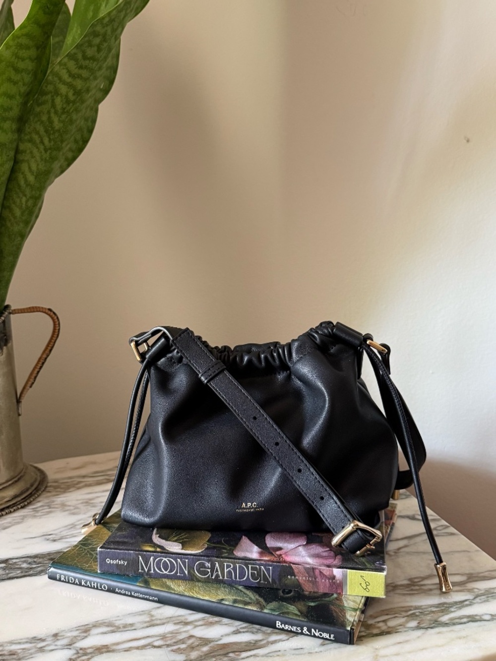 A.P.C. Ninon Crossbody Bag with Gold Hardware. Black Leather Drawstring - Picture 8 of 8